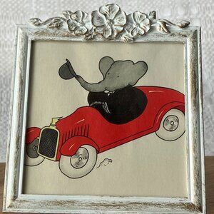 Vintage 1933 Babar Illustration in Shabby Chic Floral Frame – Elephant in Car